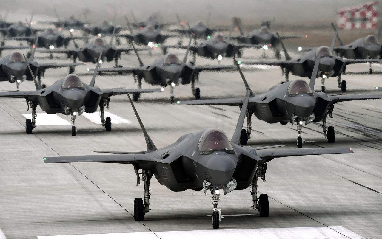 F-35A fighter jets are seen during a military exercise "Elephant Walk" at an airbase, in this handout provided by the South Korean Defense Ministry on March 25, 2022. South Korean Defense Ministry/Handout via REUTERS