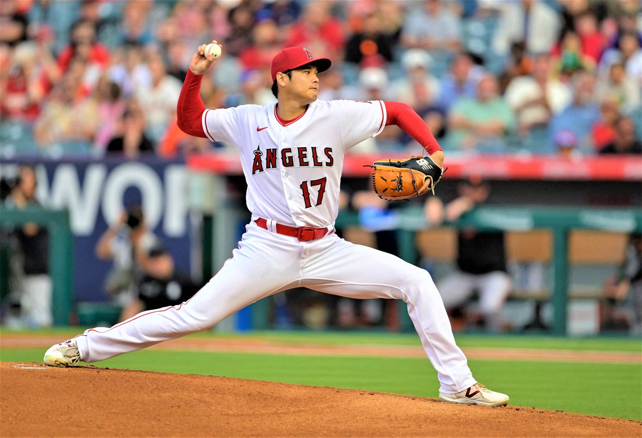 Ohtani Shōhei in action during the victory against the San Francisco Giants on August 9, 2023. (© AFP/Jiji)