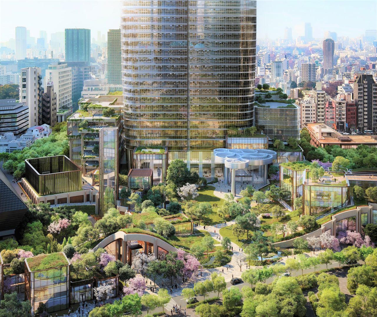 The development takes advantage of the varied topography of the site by growing some 320 plant species on the grounds and the rooftops of low-rise buildings. (© DBOX for Mori Building/Azabudai Hills)