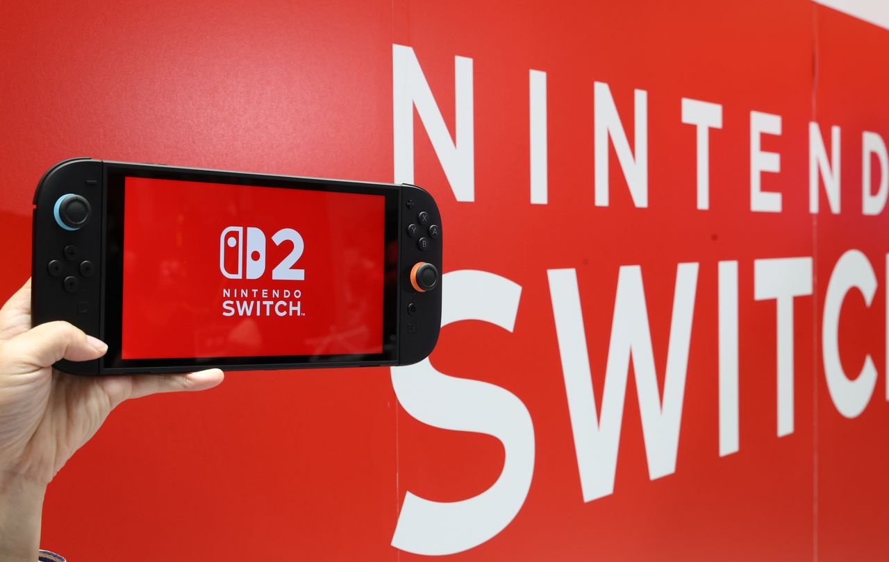 The Nintendo Switch 2 game console is unveiled to the media in Tokyo on April 3, 2025. (© Jiji)