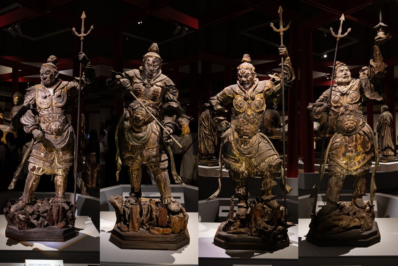 Today, the four heavenly kings from the Chūkondō (Central Golden Hall) are also national treasures. From left: Jikokuten (Dhṛtarāṣṭra), Zōchōten (Virūḍhaka), Kōmokuten (Virūpākṣa), Tamonten (Vaiśravaṇa). (© Nippon.com)