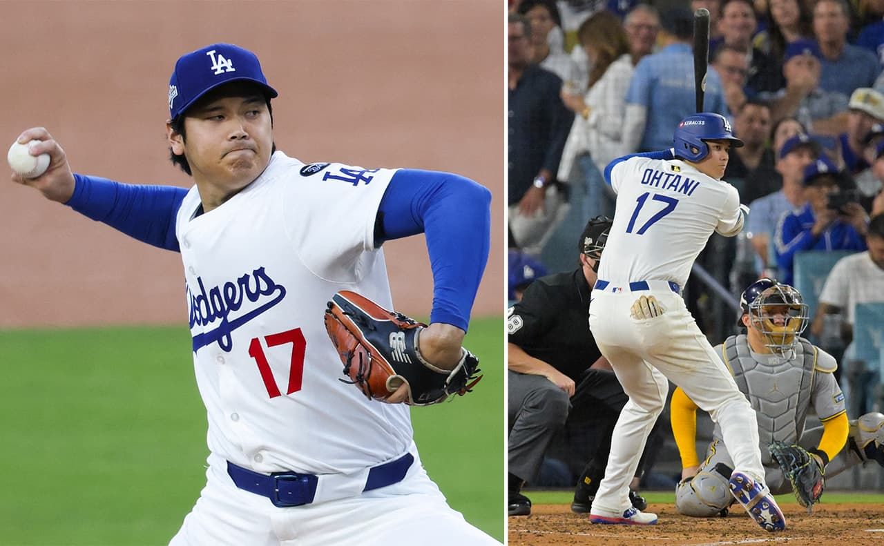 Ohtani Shōhei of the Los Angeles Dodgers pitching and batting in game four of the NLCS round against the Milwaukee Brewers. (© Imagn Images via Reuters Connect)