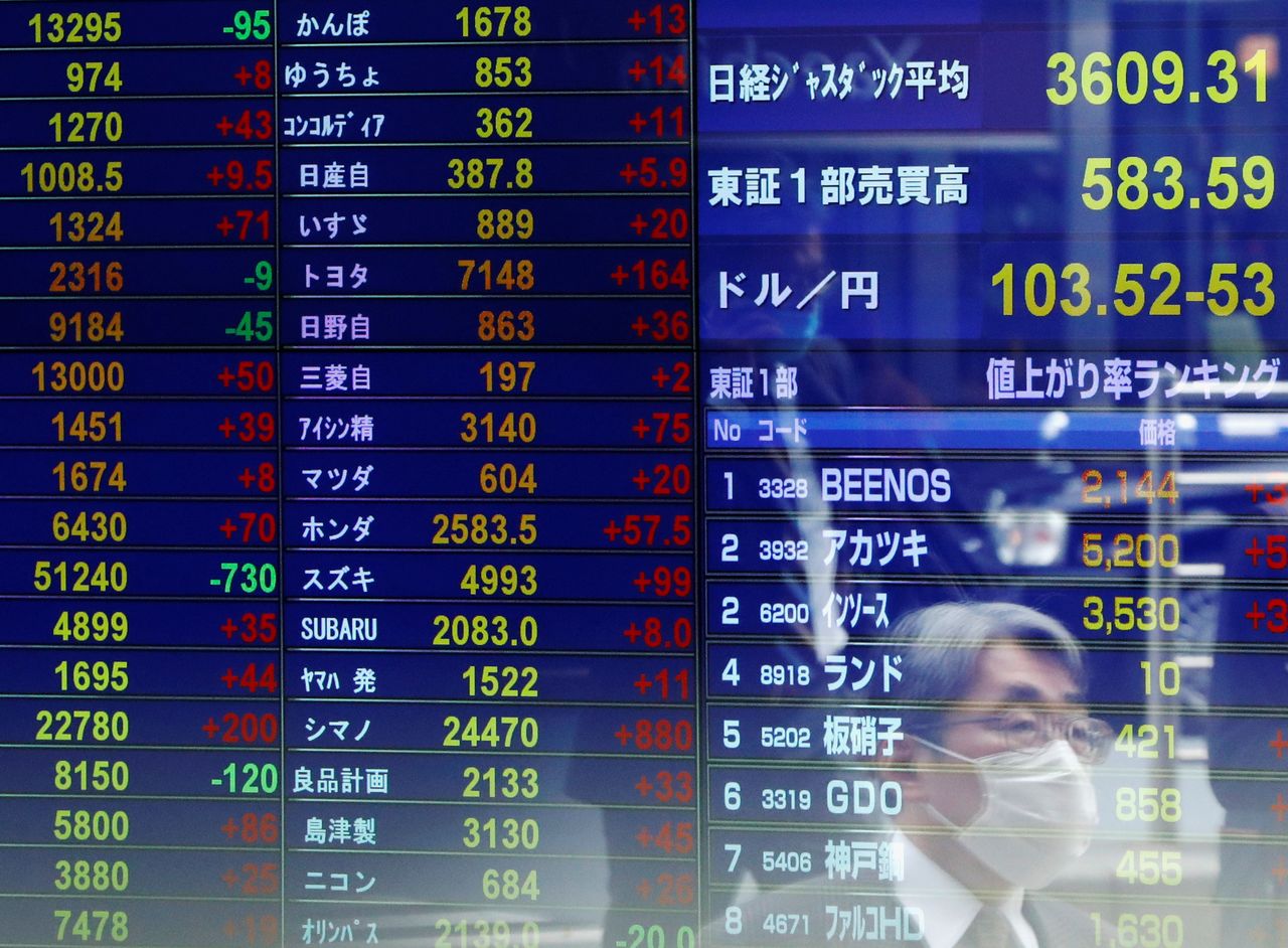 FILE PHOTO: A passersby wearing a protective face mask is reflected on screen displaying the Japanese yen exchange rate against the U.S. dollar and stock prices at a brokerage, amid the coronavirus disease (COVID-19) outbreak, in Tokyo, Japan November 6, 2020. REUTERS/Issei Kato