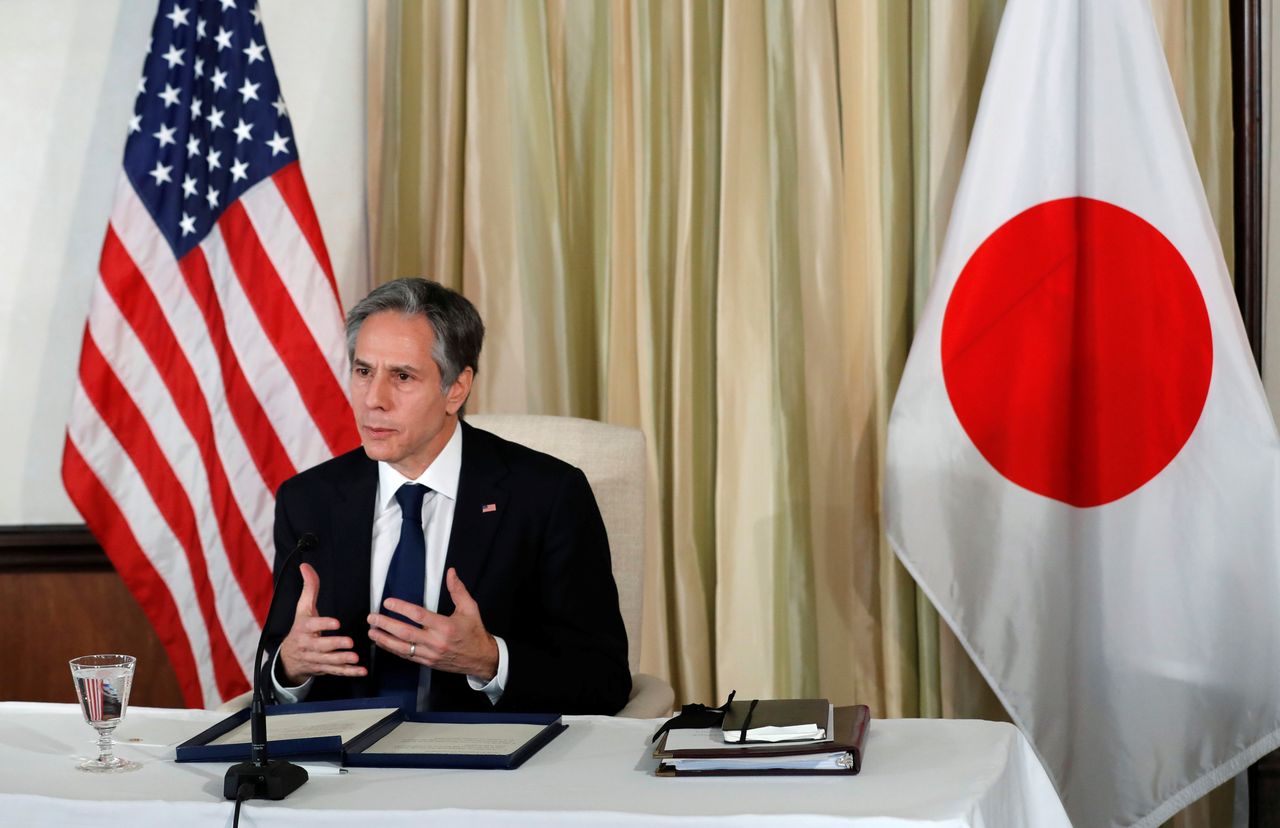 U.S. Secretary of State Antony Blinken attends a virtual business roundtable at the U.S. Ambassador's residence in Tokyo, Japan, March 16, 2021. REUTERS/Kim Kyung-Hoon/Pool