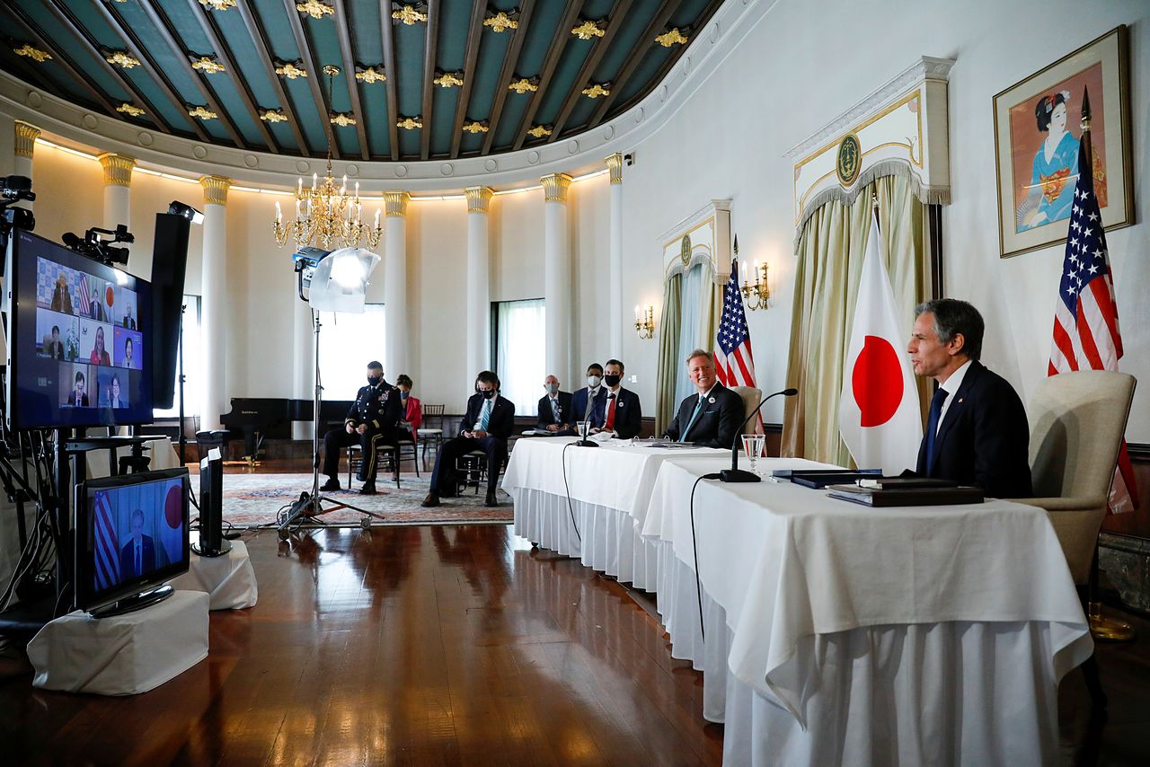 U.S. Secretary of State Antony Blinken attends a virtual business roundtable at the U.S. Ambassador's residence in Tokyo, Japan, March 16, 2021. REUTERS/Kim Kyung-Hoon/Pool