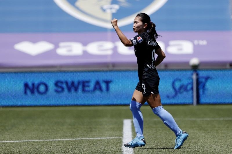 FILE PHOTO: Jul 18, 2020; Herriman, Utah, USA; Sky Blue FC forward Nahomi Kawasumi (9) reacts after her penalty kick goal in overtime against the Washington Spirit at Zions Bank Stadium. Mandatory Credit: Jeffrey Swinger-USA TODAY Sports