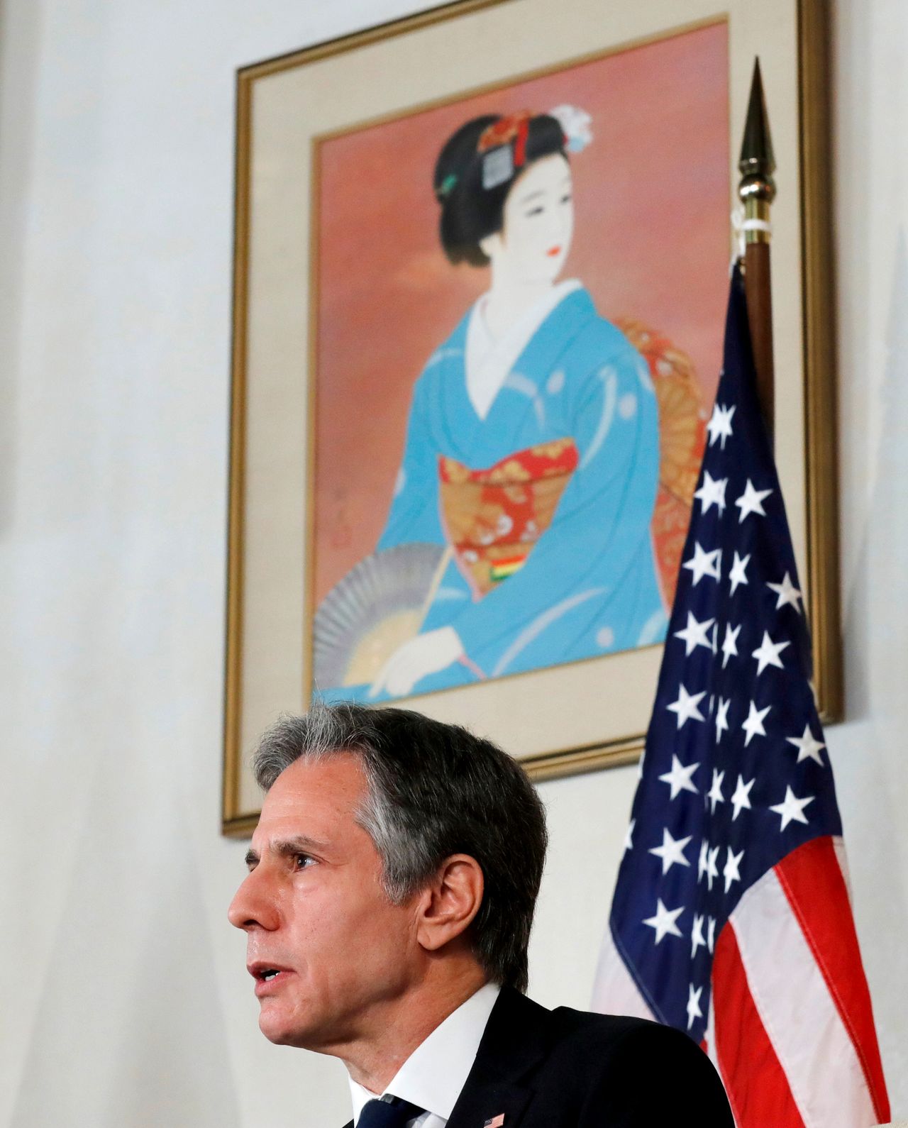 U.S. Secretary of State Antony Blinken attends a virtual business roundtable at the U.S. Ambassador's residence in Tokyo, Japan, March 16, 2021. REUTERS/Kim Kyung-Hoon/Pool
