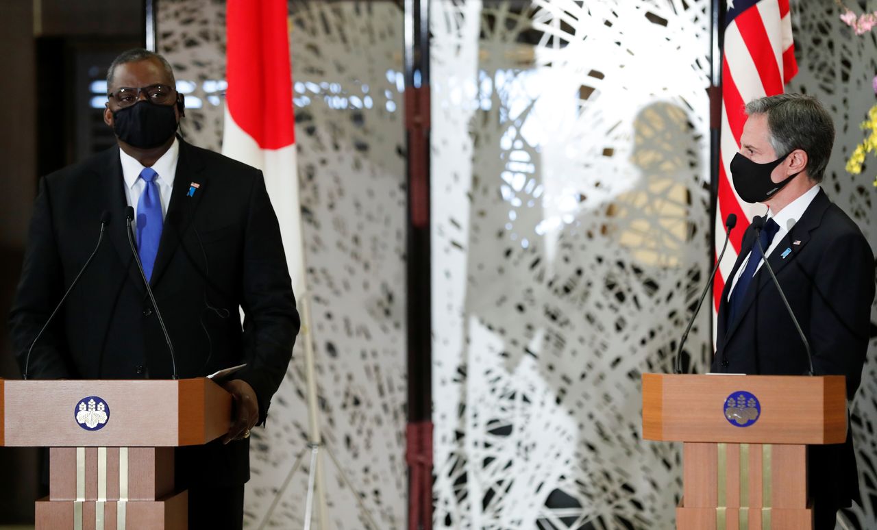 U.S. Secretary of State Antony Blinken and Defense Secretary Lloyd Austin hold a joint news conference with Japan's Foreign Minister Toshimitsu Motegi and Defence Minister Nobuo Kishi after their 2+2 Meeting at Iikura Guest House in Tokyo, Japan, March 16, 2021. REUTERS/Kim Kyung-Hoon/Pool