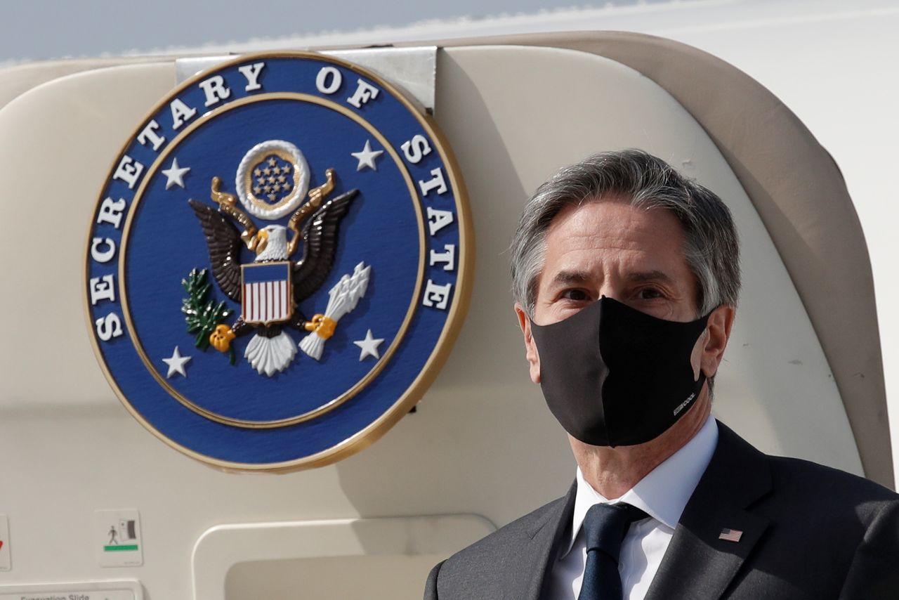 U.S. Secretary of State Antony Blinken arrives at Osan Air Base in Pyeongtaek, South Korea March 17, 2021. Lee Jin-man/Pool via REUTERS