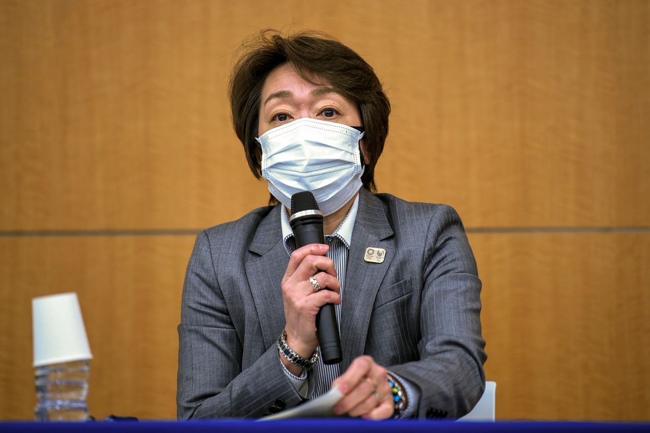 Tokyo 2020 President Seiko Hashimoto speaks during a news conference regarding the report of a Japanese weekly magazine, in Tokyo, Japan March 18, 2021. Kazuhiro Nogi/Pool via REUTERS