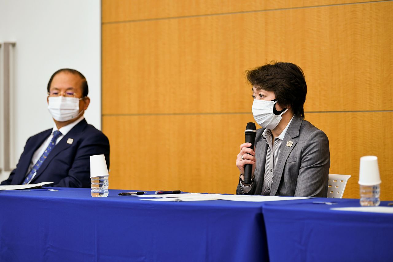 Tokyo 2020 President Seiko Hashimoto and CEO Toshiro Muto hold a news conference regarding the report of a Japanese weekly magazine, in Tokyo, Japan March 18, 2021. Kazuhiro Nogi/Pool via REUTERS