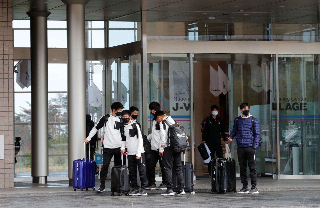 High school soccer players are pictured at the J-Village training center in Naraha, Fukushima prefecture, Japan, March 23, 2021. REUTERS/Kim Kyung-Hoon