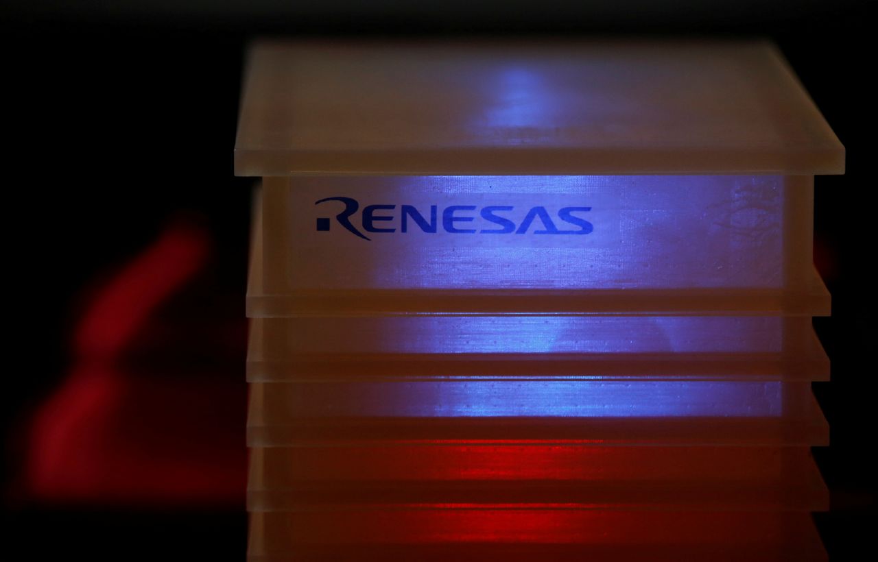 FILE PHOTO: Renesas Electronics Corp's logo is seen at a company conference in Tokyo, Japan, April 11, 2017. REUTERS/Toru Hanai