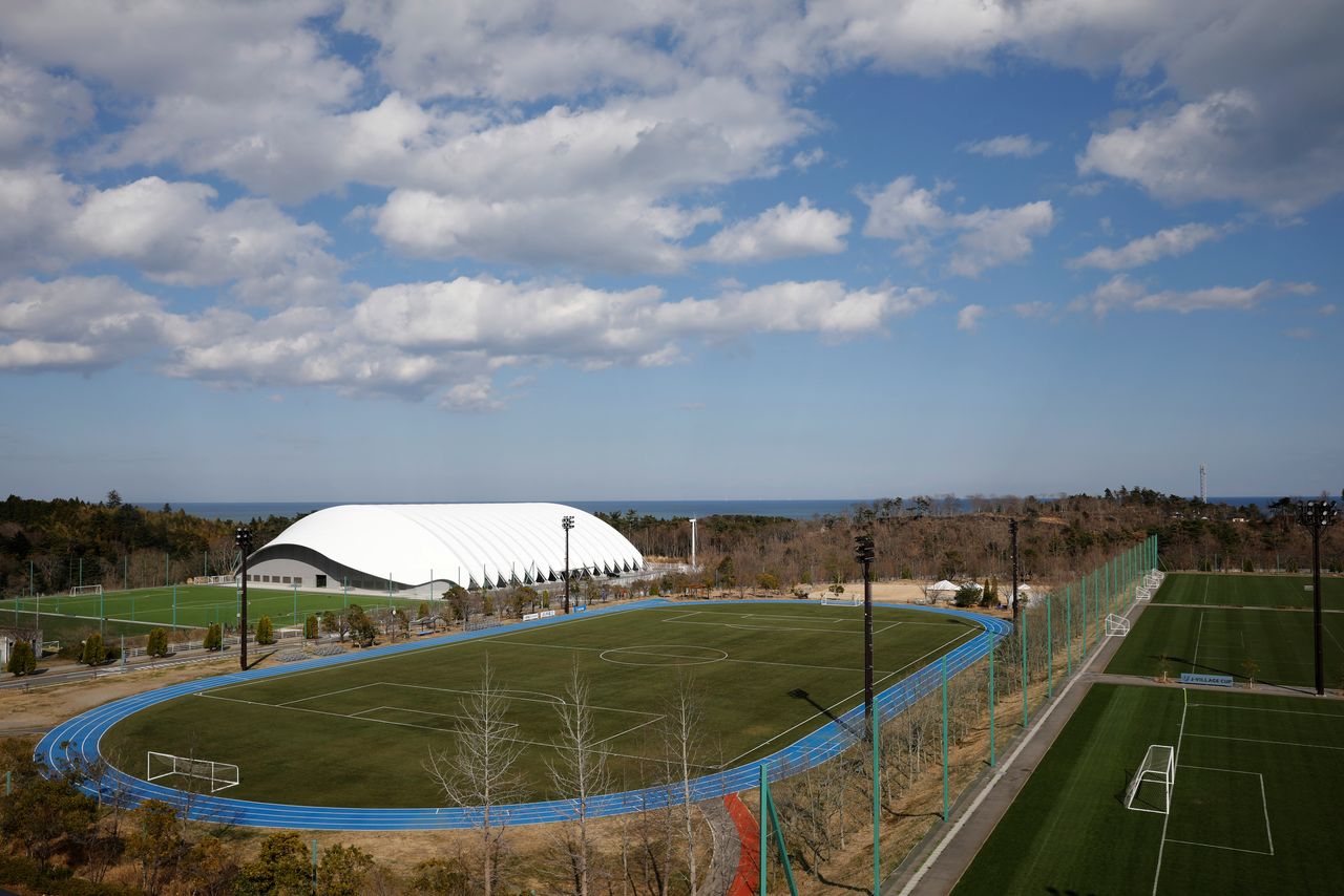 Soccer training facilities are pictured at the J-Village training center where torch relay of the Tokyo 2020 Olympic Games is set to begin in Naraha, Fukushima prefecture, Japan, March 23, 2021. Picture taken March 23, 2021. REUTERS/Kim Kyung-Hoon