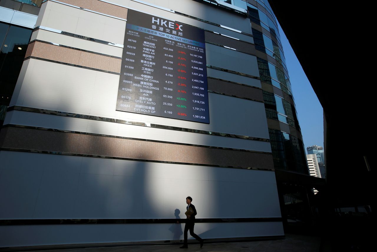 FILE PHOTO: A panel displays a list of top active securities outside the Hong Kong Exchanges in Hong Kong, China February 28, 2018. REUTERS/Bobby Yip