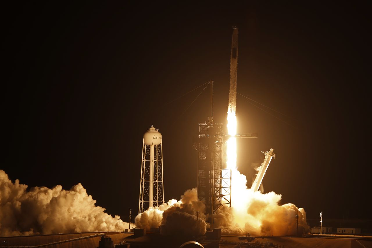 A SpaceX Falcon 9 rocket, with the Crew Dragon capsule, is launched carrying four astronauts on a NASA commercial crew mission to the International Space Station at Kennedy Space Center in Cape Canaveral, Florida, U.S., April 23, 2021. REUTERS/Joe Skipper