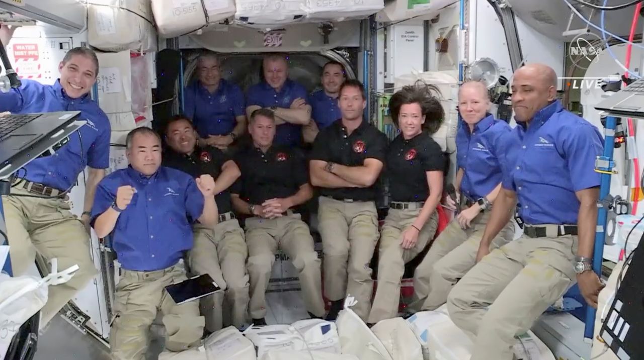 ESA astronaut Thomas Pesquet of France, NASA astronauts Shane Kimbrough and Megan McArthur, and JAXA astronaut Akihiko Hoshide of Japan of Crew 2 assemble with Crew 1 for a welcome ceremony after they arrived aboard the International Space Station, after docking SpaceX