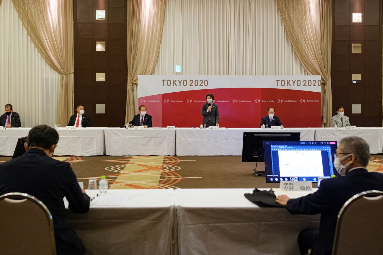 President of the Tokyo 2020 Olympic and Paralympic Games Organizing Committee, Seiko Hashimoto, delivers an opening speech during a Tokyo 2020 executive board meeting in Tokyo, Japan, April 26, 2021. Nicolas Datiche/Pool via Reuters