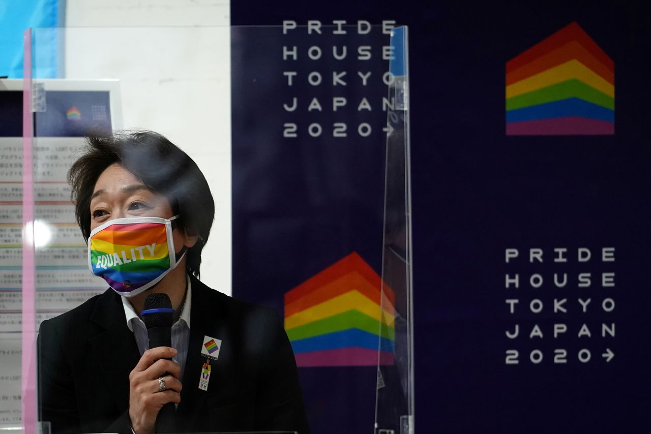 Tokyo 2020 President Seiko Hashimoto speaks during a visit to Pride House Tokyo Legacy, in Tokyo, Japan April 27, 2021. Eugene Hoshiko/Pool via REUTERS
