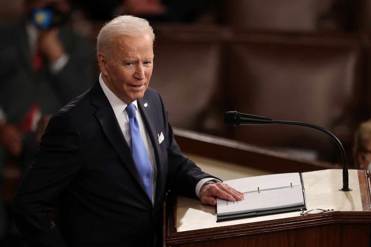 U.S. President Joe Biden delivers his first address to a socially distant joint session of the U.S. Congress inside the House Chamber of the U.S. Capitol in Washington, U.S., April 28, 2021. REUTERS/Jonathan Ernst/Pool