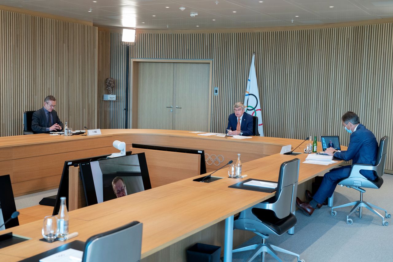 International Olympic Committee (IOC) President Thomas Bach opens the Executive Board virtual meeting at the Olympic house in Lausanne, Switzerland, May 12, 2021. Greg Martin/IOC/Handout via REUTERS THIS IMAGE HAS BEEN SUPPLIED BY A THIRD PARTY. NO RESALES. NO ARCHIVES