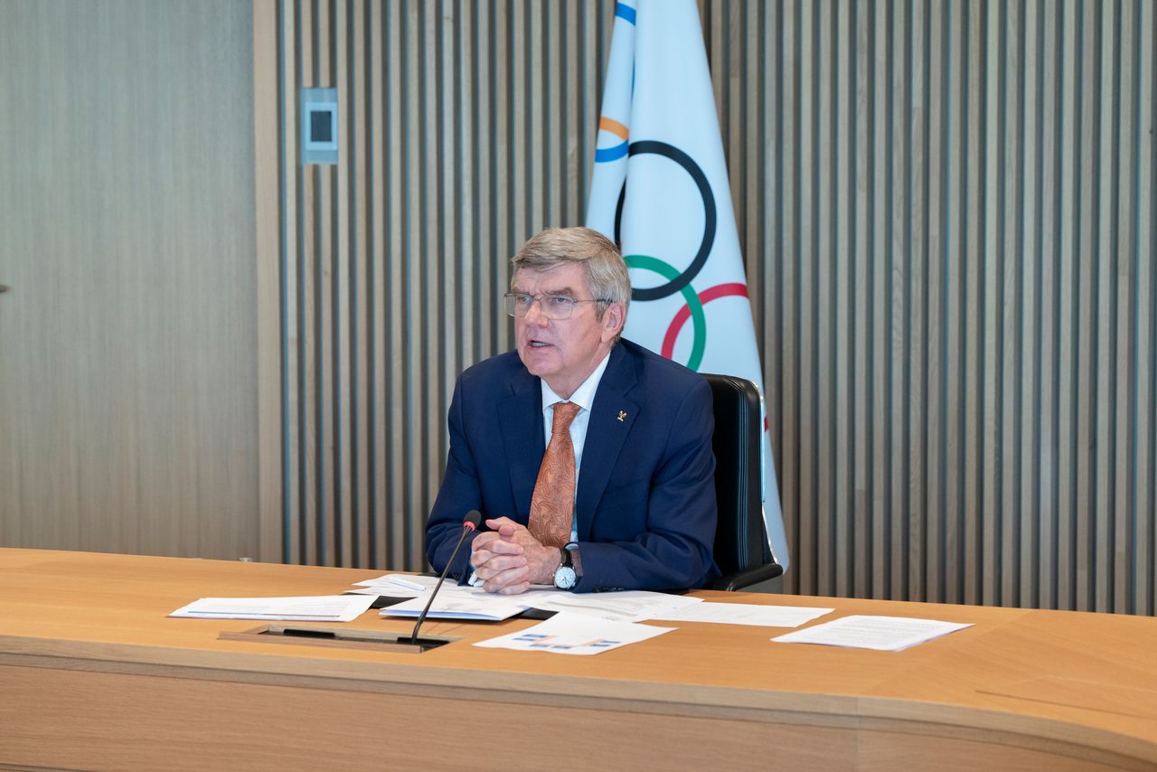 International Olympic Committee (IOC) President Thomas Bach attends the Executive Board virtual meeting at the Olympic house in Lausanne, Switzerland, May 12, 2021. Greg Martin/IOC/Handout via REUTERS THIS IMAGE HAS BEEN SUPPLIED BY A THIRD PARTY. NO RESALES. NO ARCHIVES