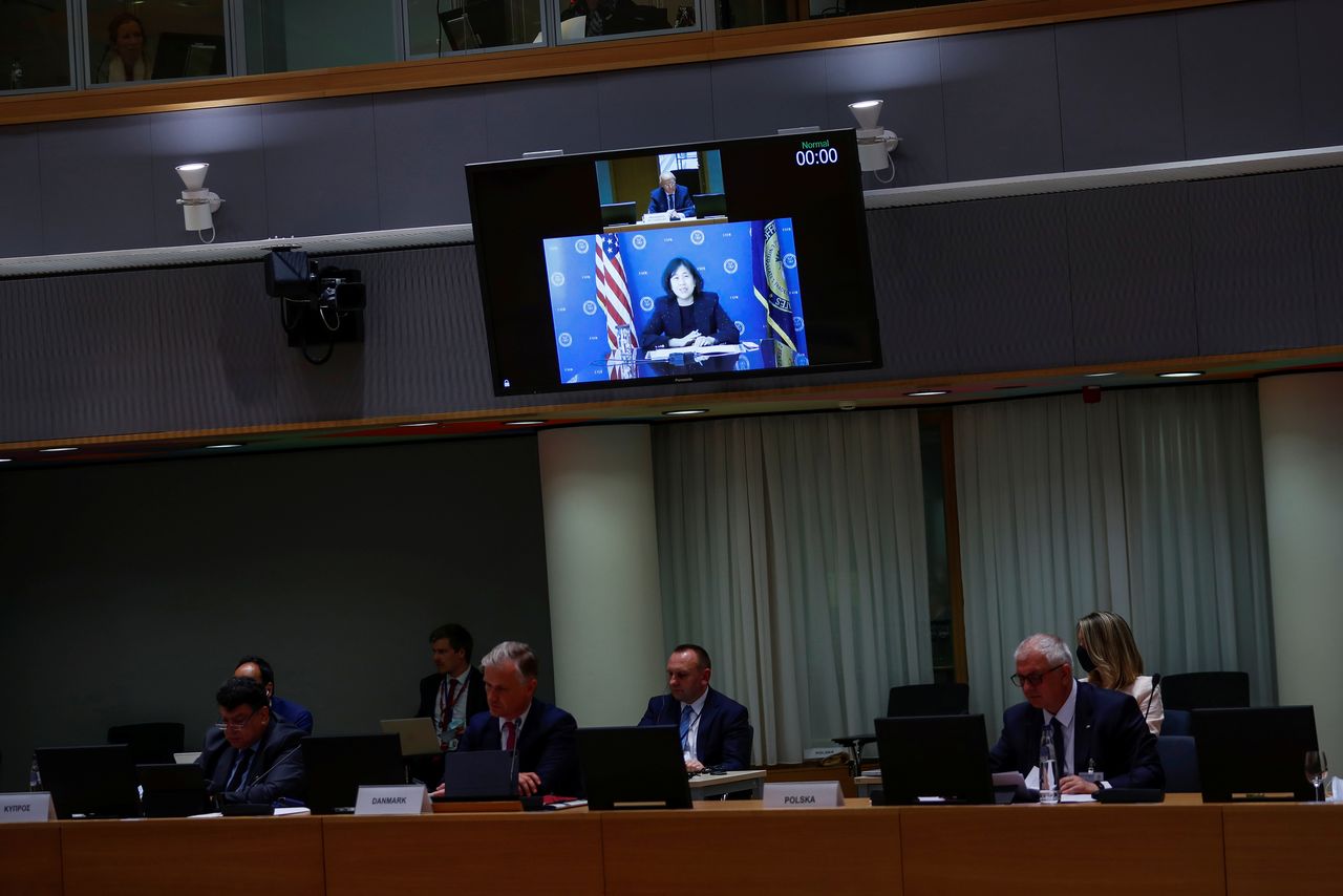 U.S. Trade Representative Katherine Tai (on the screen) speaks during a European Union Trade Ministers meeting at European Council headquarters in Brussels, Belgium May 20, 2021. Francisco Seco/Pool via REUTERS