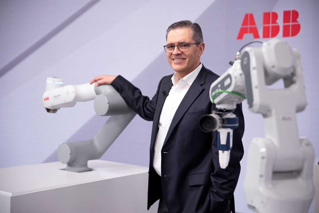FILE PHOTO: Head of ABB Robotics and Discrete Automation business Sami Atiya poses next to robots in Zurich, Switzerland February 22, 2021. ABB/Oliver Baer/Handout via REUTERS