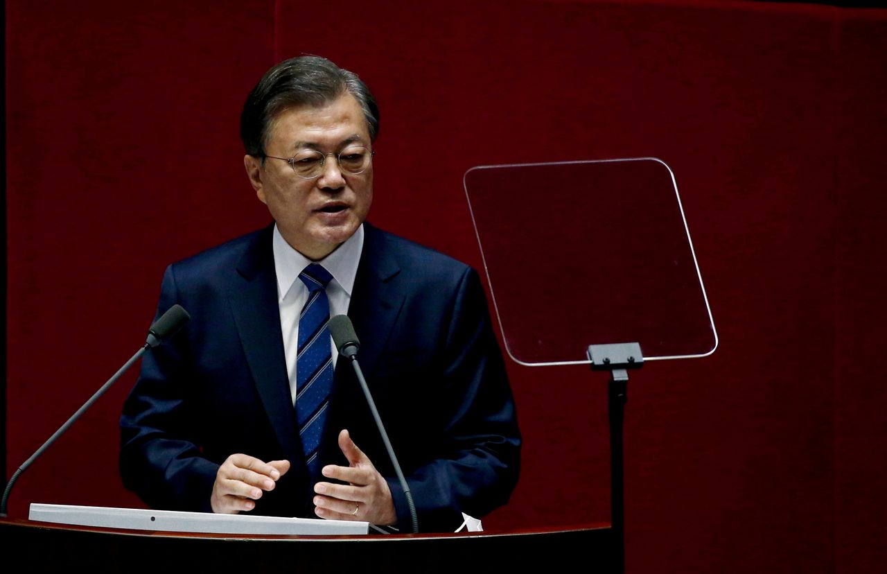 FILE PHOTO: South Korean President Moon Jae-in speaks at the National Assembly in Seoul, South Korea, October 28, 2020. Jeon Heon-Kyun/Pool via REUTERS/File Photo