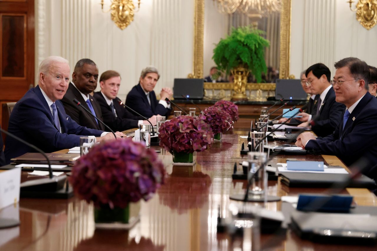 U.S. President Joe Biden, U.S. climate envoy John Kerry, U.S. National Security Advisor Jake Sullivan and U.S. Defense Secretary Lloyd Austin participate in an expanded bilateral meeting with South Korea