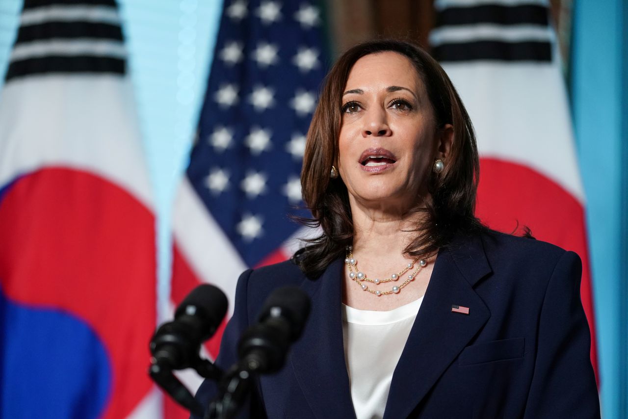 U.S. Vice President Kamala Harris delivers remarks before participating in a bilateral meeting with South Korean President Moon Jae-in at the Eisenhower Executive Office Building near the White House in Washington, U.S., May 21, 2021. REUTERS/Sarah Silbiger