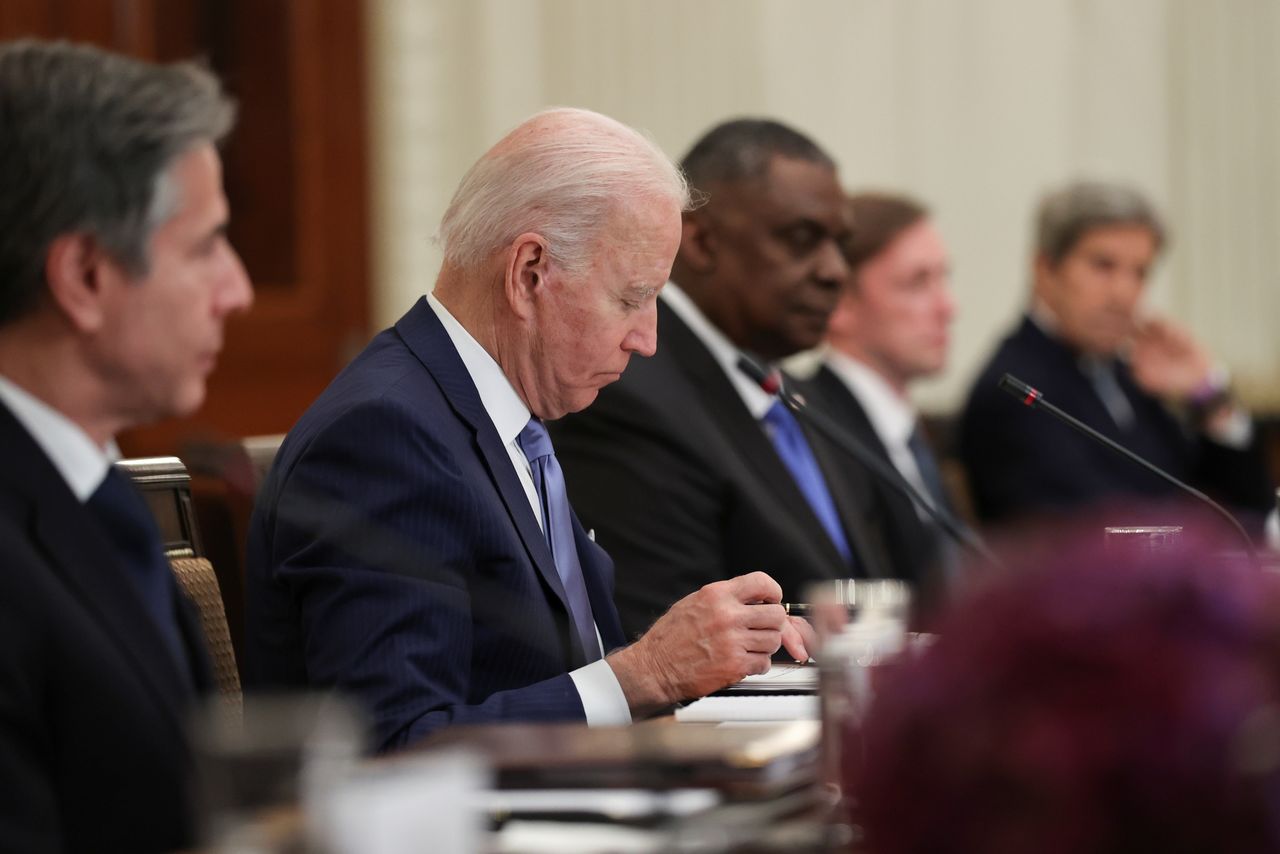 U.S. President Joe Biden, U.S. climate envoy John Kerry, U.S. National Security Advisor Jake Sullivan and U.S. Defense Secretary Lloyd Austin participate in an expanded bilateral meeting with South Korea