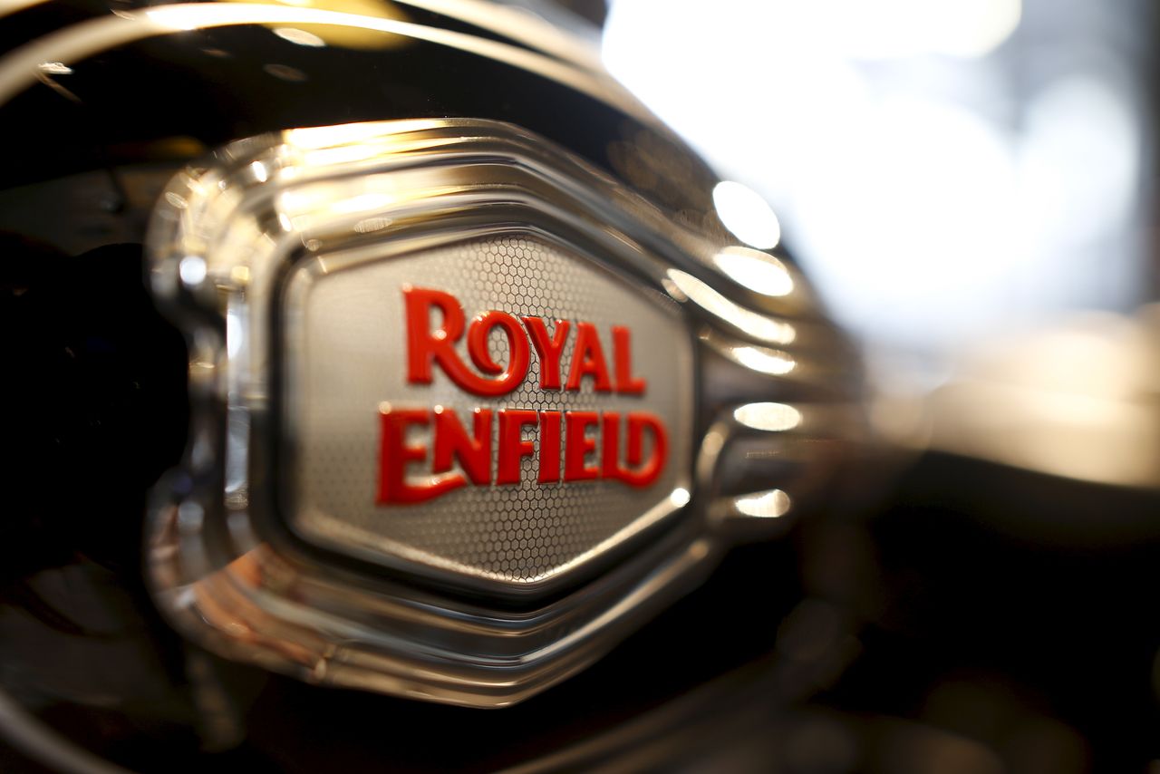 FILE PHOTO: The logo of Royal Enfield is pictured on a bike at Royal Enfield
