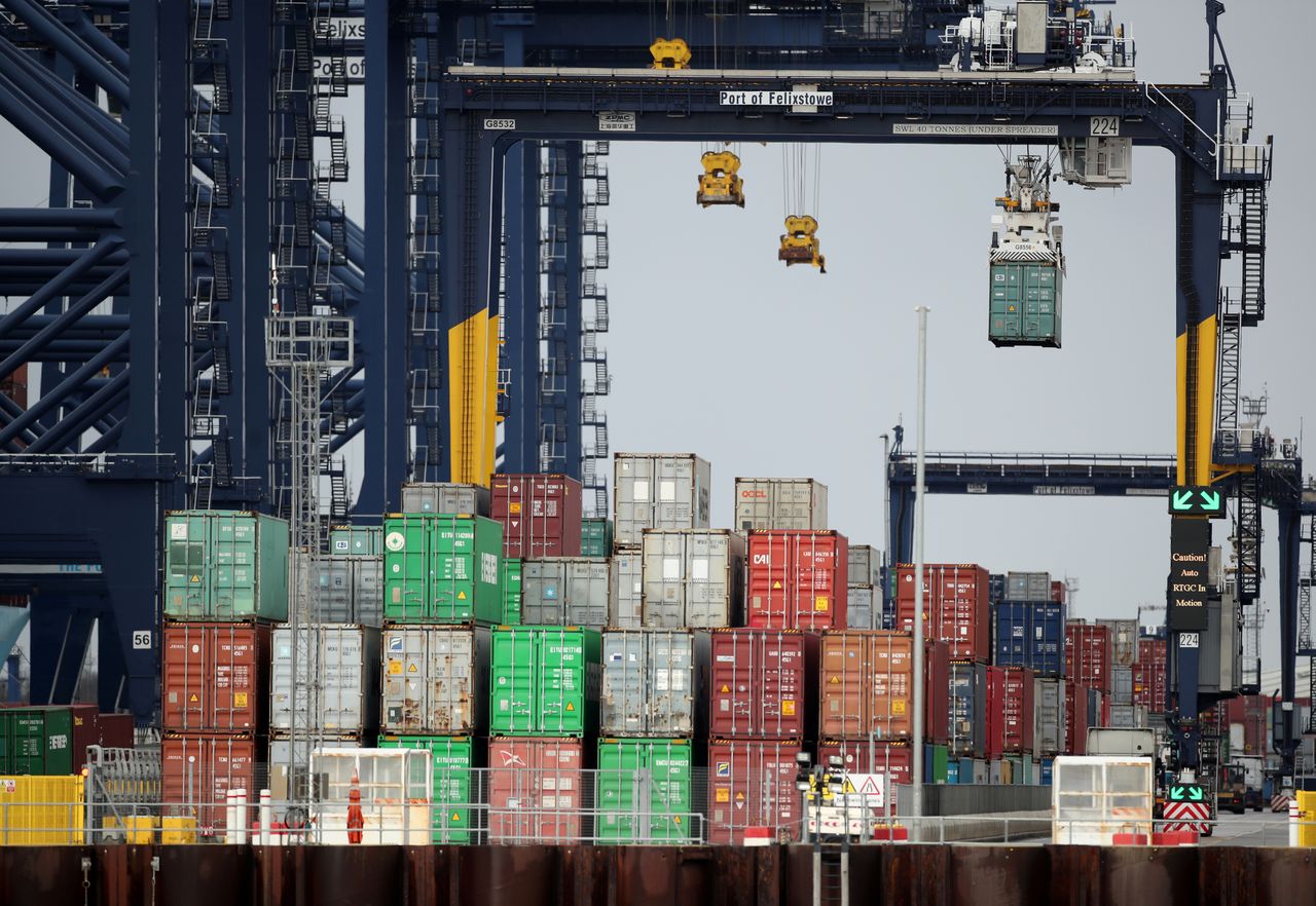 FILE PHOTO: Containers are stacked at the Port of Felixstowe, Britain, January 28, 2021. REUTERS/Peter Cziborra/File Photo