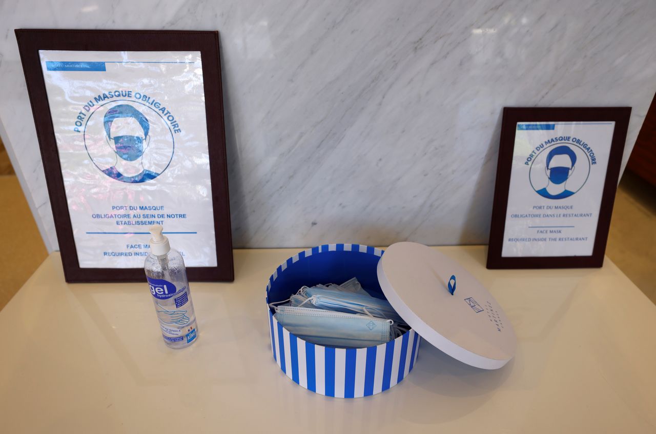A view shows protective face mask at the hotel reception of the Hotel Martinez in Cannes as the French Riviera prepares for the 2021 edition of the Cannes Film Festival which will take place next July, in France, June 3, 2021. REUTERS/Eric Gaillard