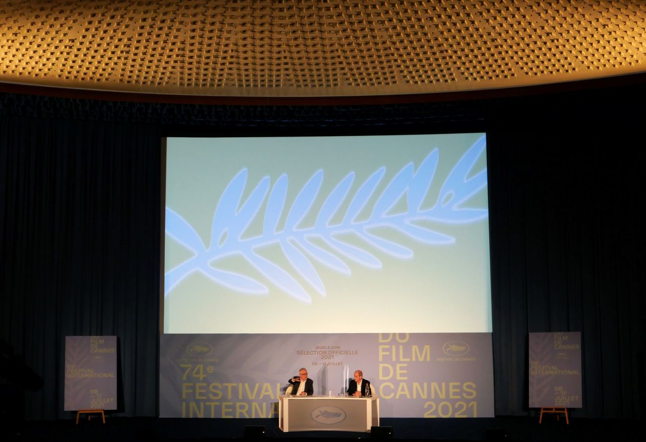 Cannes Film festival General Delegate Thierry Fremaux and Cannes Film festival President Pierre Lescure talk during the presentation of the official selection of the 74th Cannes International Film Festival in Paris, France, June 3, 2021. REUTERS/Sandra Auger
