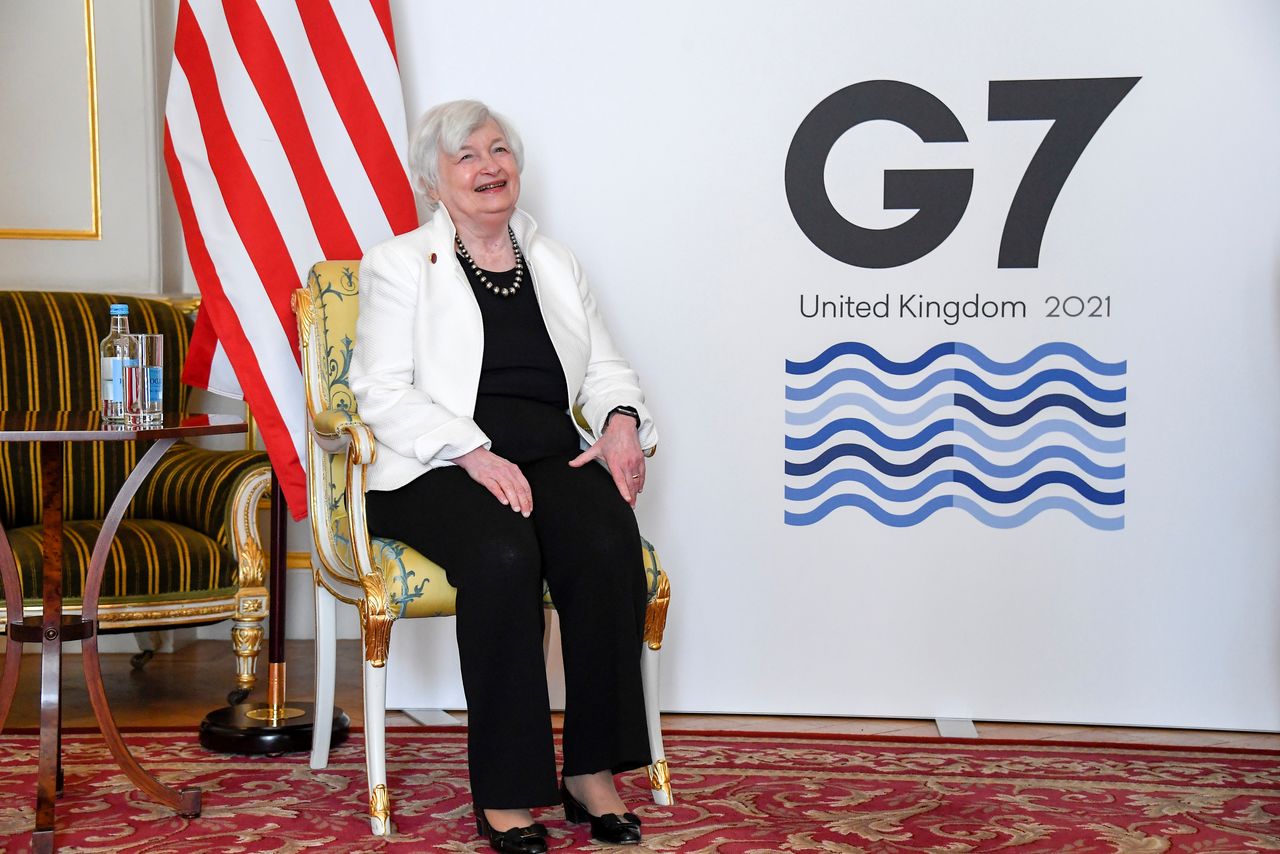 U.S. Treasury Secretary Janet Yellen poses as finance ministers from across the G7 nations meet at Lancaster House in London, Britain June 5, 2021 ahead of the G7 leaders