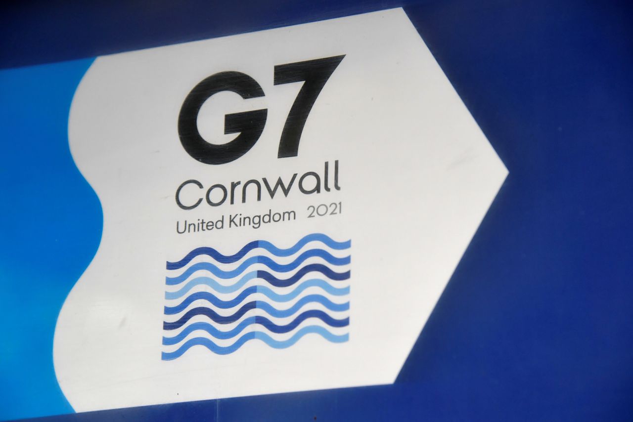 A G7 logo is seen on an information sign near the Carbis Bay hotel resort, where an in-person G7 summit of global leaders is due to take place in June, St Ives, Cornwall, southwest Britain May 24, 2021. Picture taken May 24, 2021. REUTERS/Toby Melville