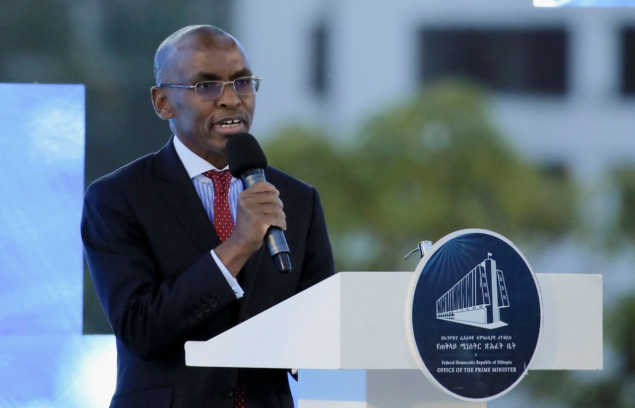Kenya’s Safaricom Chief Executive Officer Peter Ndegwa addresses delegates at the ceremony where Safaricom signed the Ethiopian license in Addis Ababa, Ethiopia, June 8, 2021. REUTERS/Tiksa Negeri