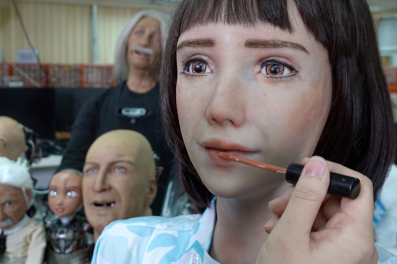 Humanoid robot Grace, developed by Hanson Robotics, designed for the healthcare market to interact and comfort the elderly and isolated people, especially those suffering during the coronavirus disease (COVID-19) pandemic, has her lips painted at the company