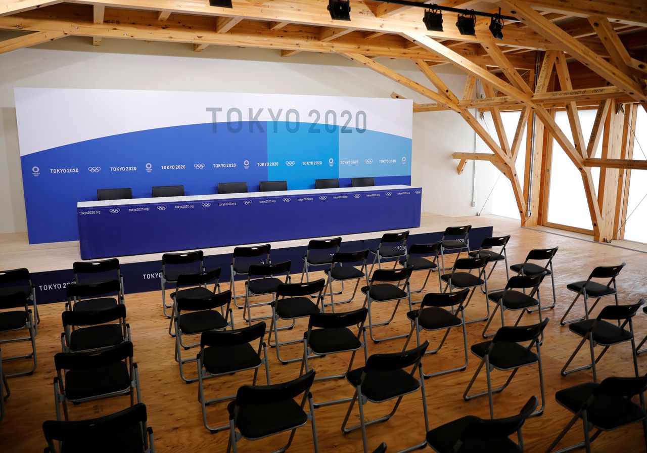 A news conference room is pictured at the village plaza of the Tokyo 2020 Olympic and Paralympic Village in Tokyo, Japan, June 20, 2021. REUTERS/Kim Kyung-Hoon