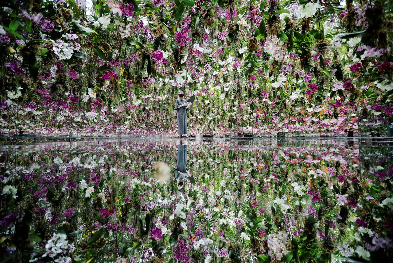 A teamLab staff member works inside the "Floating Flower Garden", which consists of a three-dimensional mass of flowers, at teamLab Planets in Tokyo, Japan, June 3, 2021. REUTERS/Kim Kyung-Hoon