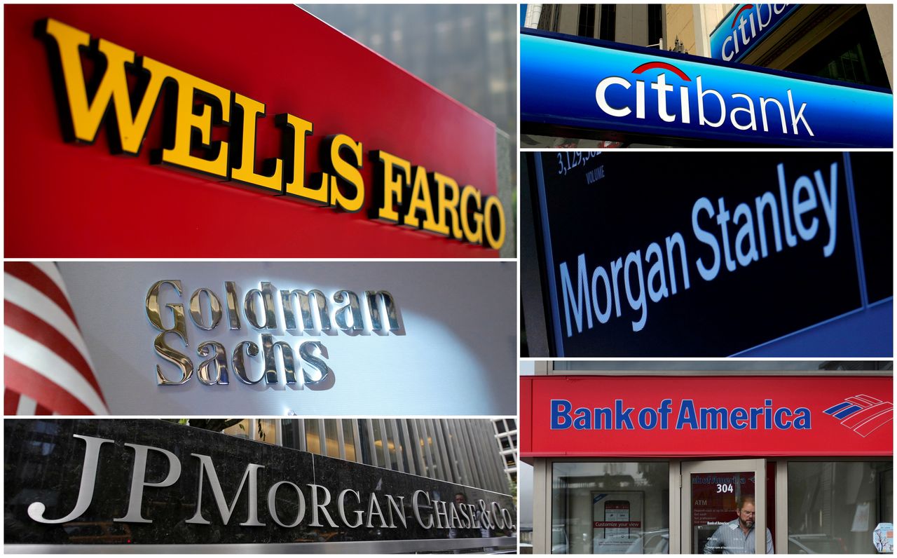 FILE PHOTO: A combination file photo shows Wells Fargo, Citibank, Morgan Stanley, JPMorgan Chase, Bank of America and Goldman Sachs from Reuters archive. REUTERS/File Photo