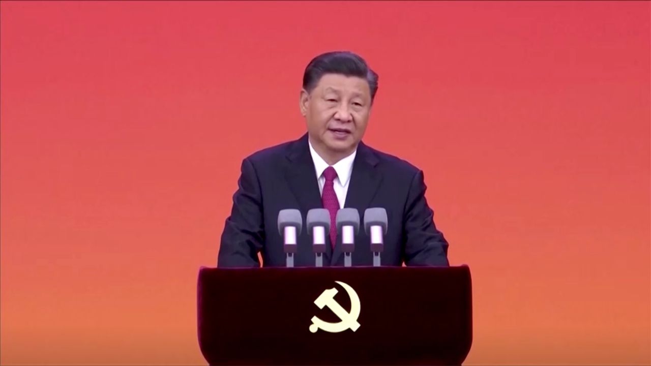 FILE PHOTO: Chinese President Xi Jinping speaks at the medal award ceremony marking the 100th founding anniversary of the Communist Party of China, at the Great Hall of the People in Beijing, China in this still image taken from a video released June 29, 2021. CCTV via Reuters TV