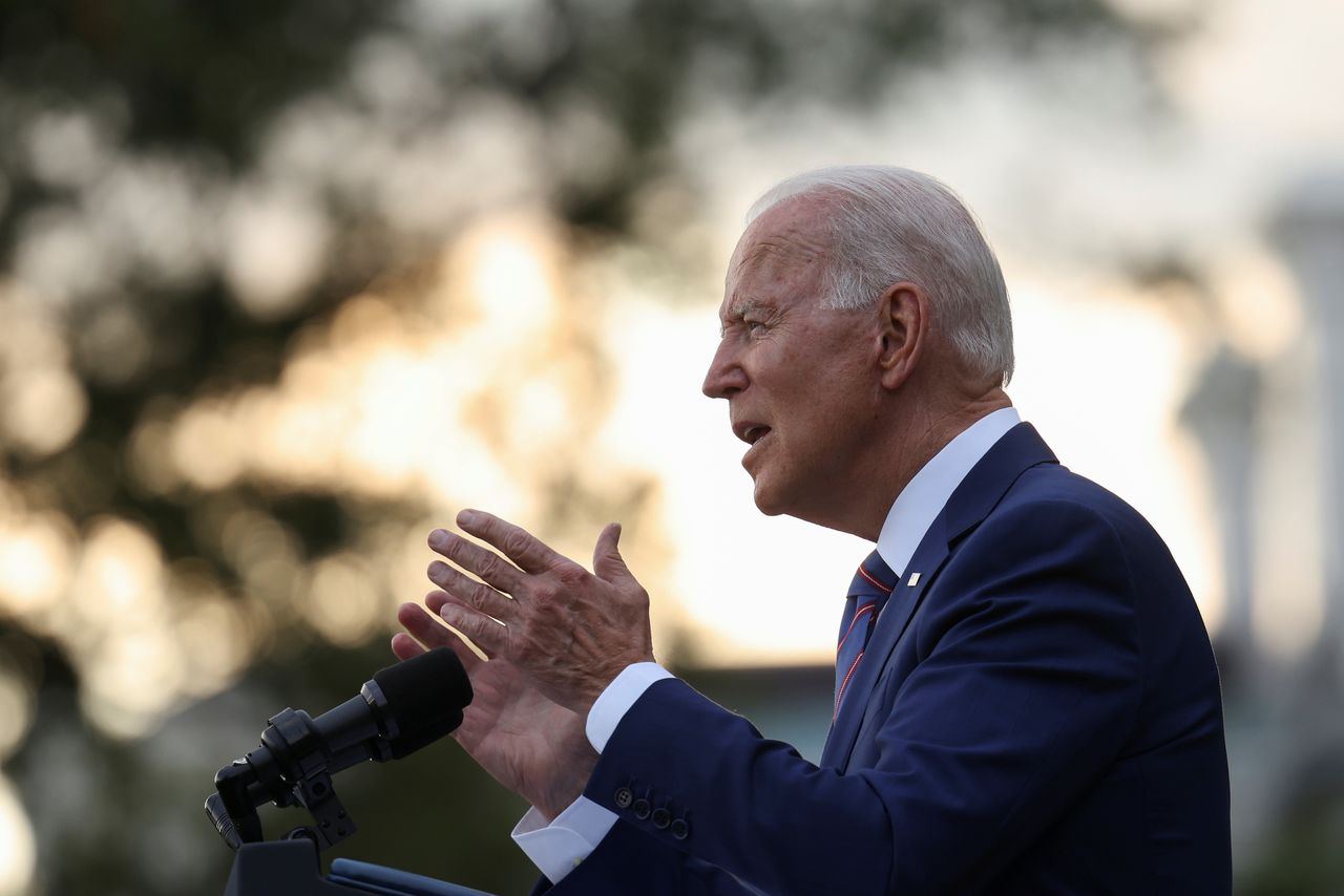 FILE PHOTO: U.S. President Joe Biden delivers remarks at the White House at a celebration of Independence Day in Washington, U.S., July 4, 2021. REUTERS/Evelyn Hockstein