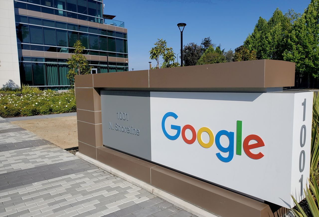 FILE PHOTO: A sign is pictured outside a Google office near the company