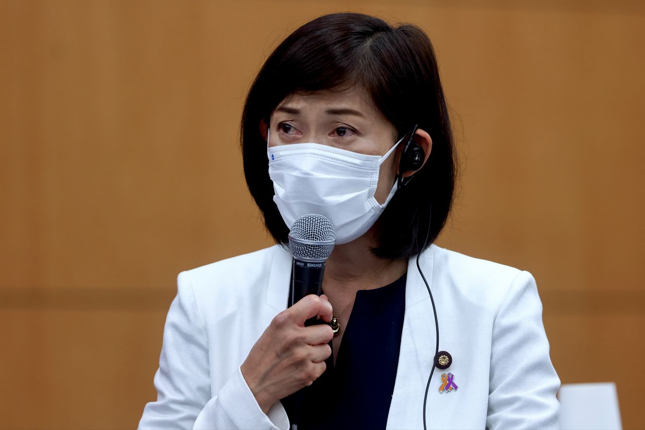 Tokyo Olympics Minister Tamayo Marukawa speaks during the five-party meeting in Tokyo, Japan July 8, 2021. Behrouz Mehri/Pool via REUTERS