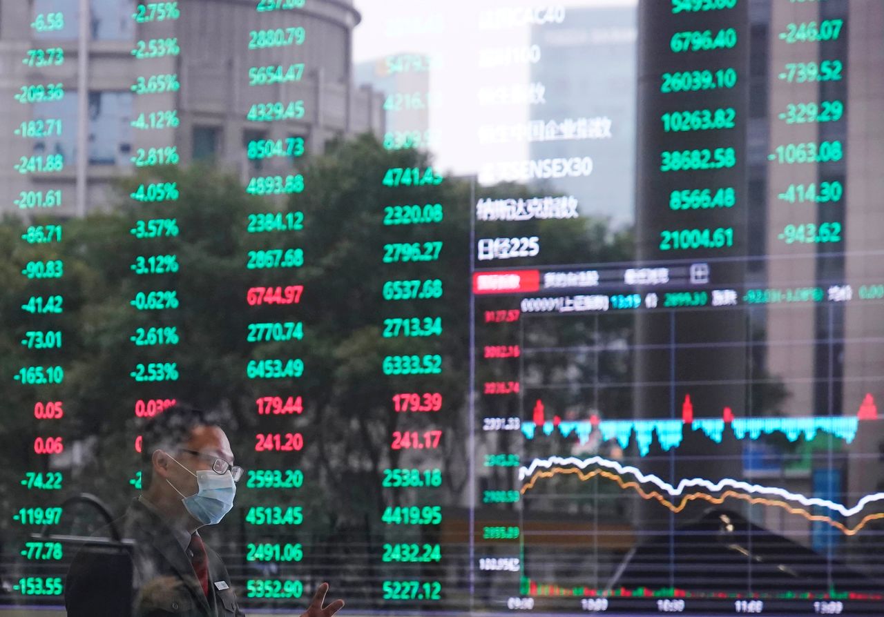A man wearing a face mask is seen inside the Shanghai Stock Exchange building, as the country is hit by a novel coronavirus outbreak, at the Pudong financial district in Shanghai, China February 28, 2020. REUTERS/Aly Song/Files