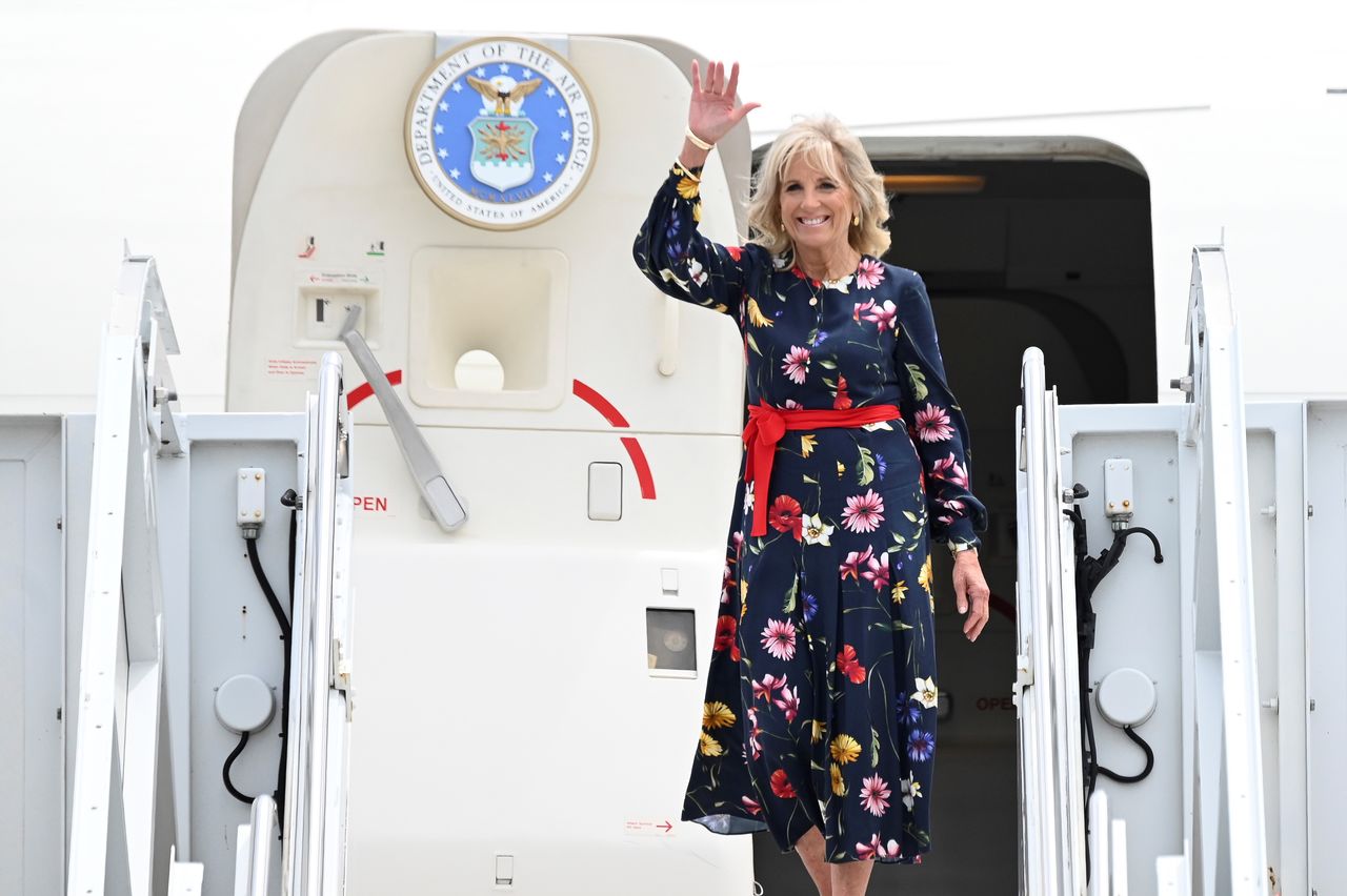 FILE PHOTO: U.S. first lady Jill Biden walks off the plane as she arrives in Savannah, Georgia, U.S. July 8, 2021. Jim Watson/Pool via REUTERS