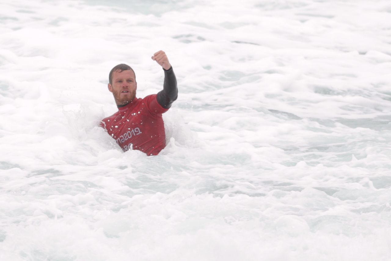 FILE PHOTO: Surfing - XVIII Pan American Games - Lima 2019 - Men's Open Surfing Bronze - Punta Rocas Complex, Lima, Peru - August 4, 2019. Argentina's Leandro Usuna reacts REUTERS/Guadalupe Pardo